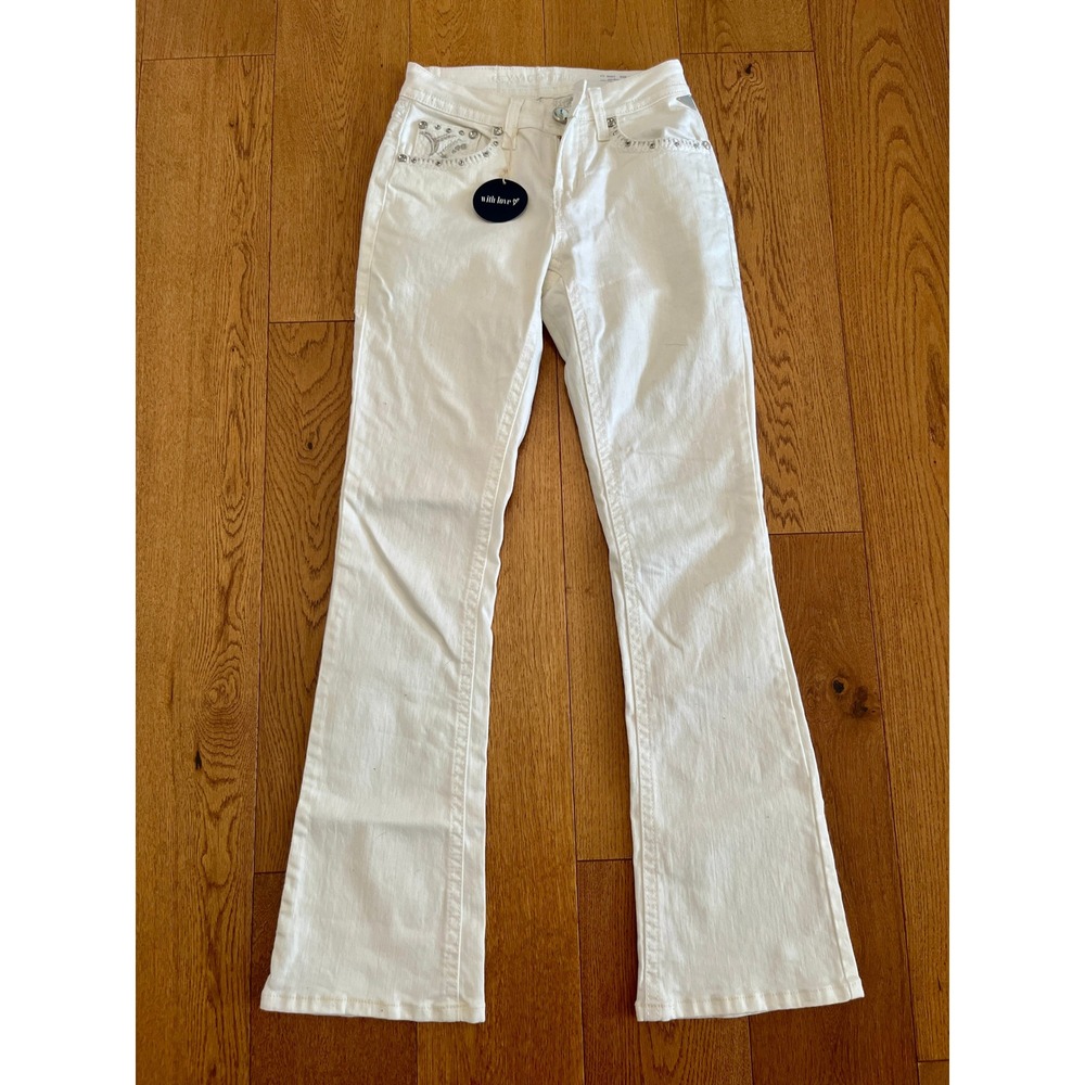 Sexy Couture White Bootcut Jeans Rhinestone Embroidered Size 7 Y2K Glam